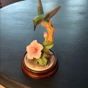Andrea By Sadek Green Hummingbird with Pink Flower Figurine on wooden base